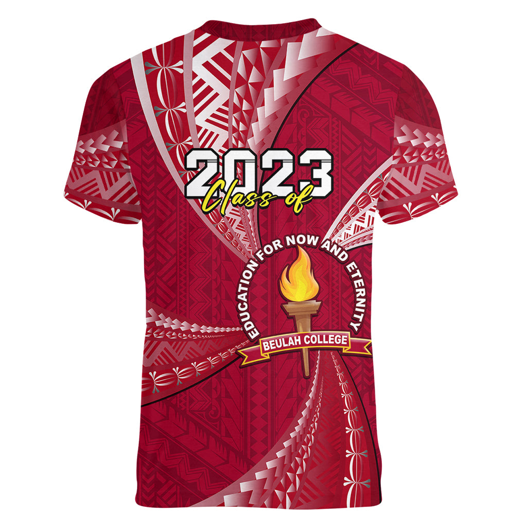 Personalised Tonga Beulah College Women V Neck T Shirt Class Of Year Tongan Ngatu Pattern LT14 - Polynesian Pride