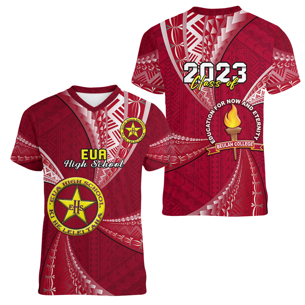 Personalised Tonga Beulah College Women V Neck T Shirt Class Of Year Tongan Ngatu Pattern LT14 - Polynesian Pride