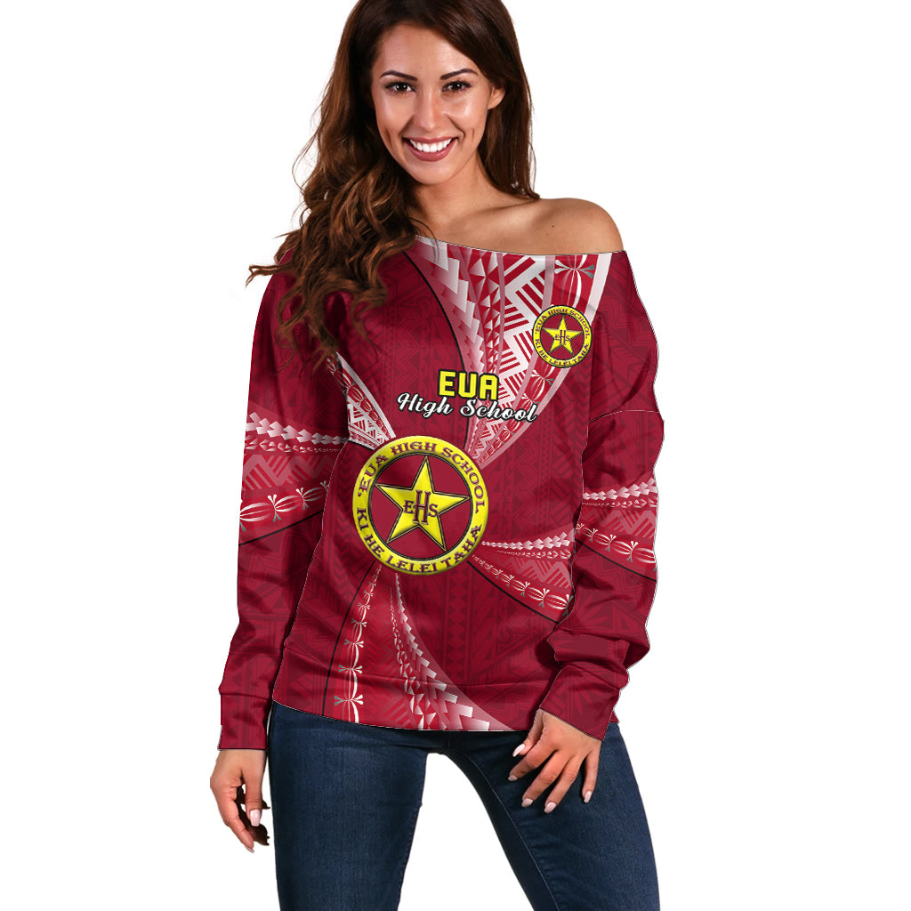 Personalised Tonga Eua High School Off Shoulder Sweater Class Of Year Tongan Ngatu Pattern LT14 Women Maroon - Polynesian Pride