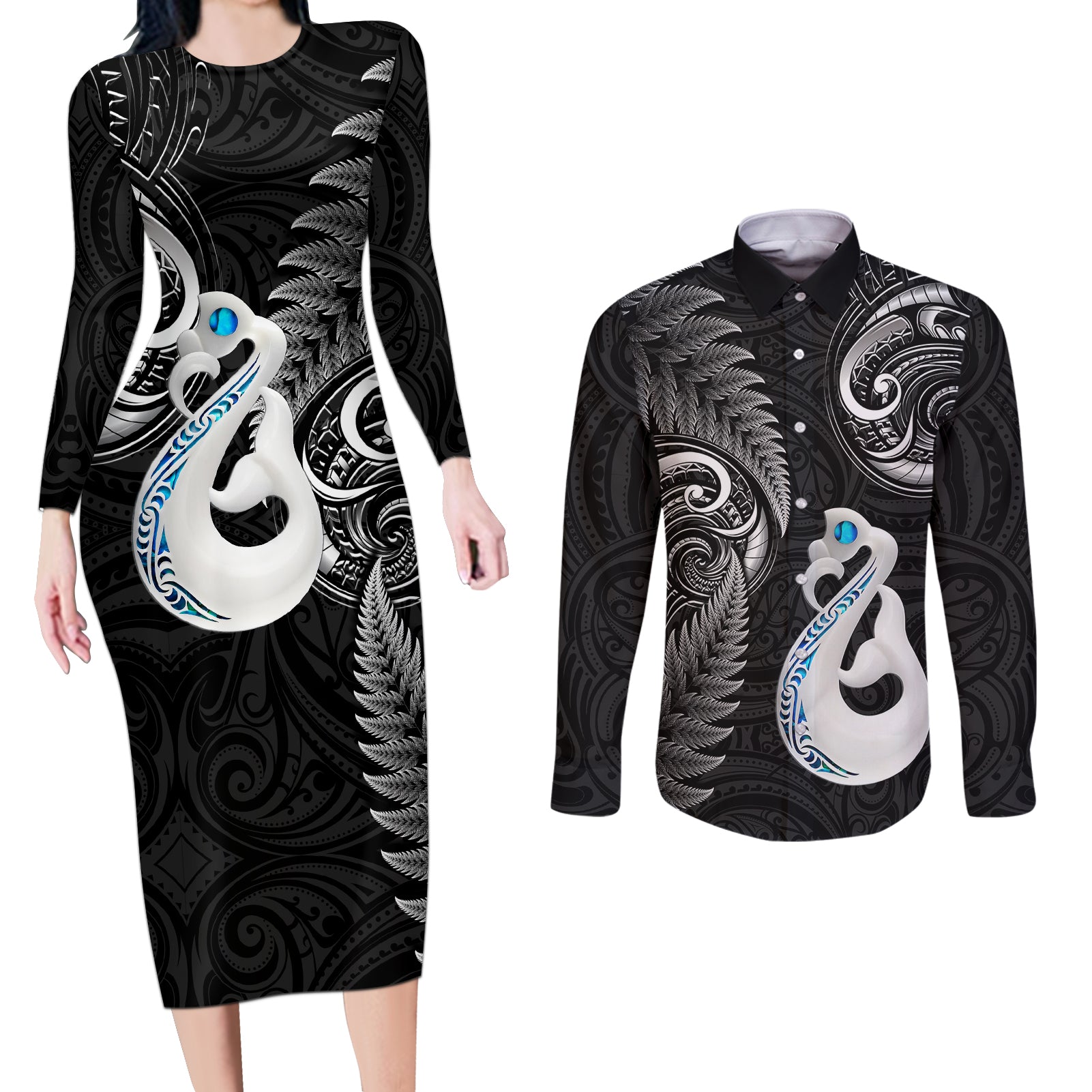 Personalised New Zealand Couples Long Sleeve Bodycon Dress and Long Sleeve Button Shirts Aotearoa Silver Fern With Manaia Maori Unique Black LT14 Black - Polynesian Pride