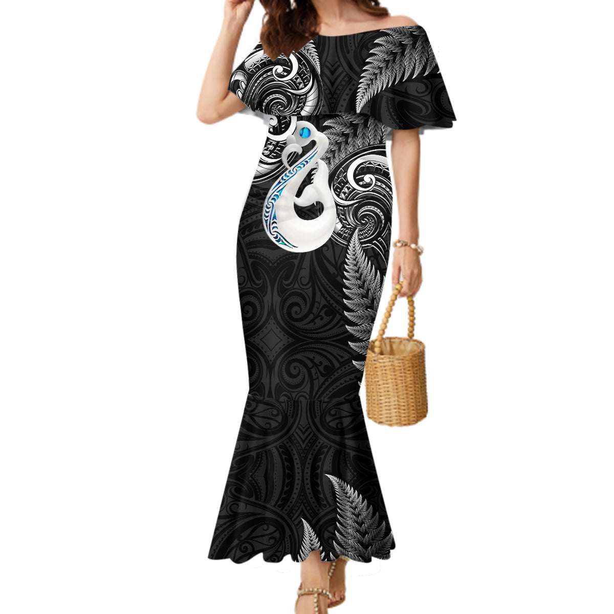 Personalised New Zealand Mermaid Dress Aotearoa Silver Fern With Manaia Maori Unique Black LT14 Women Black - Polynesian Pride