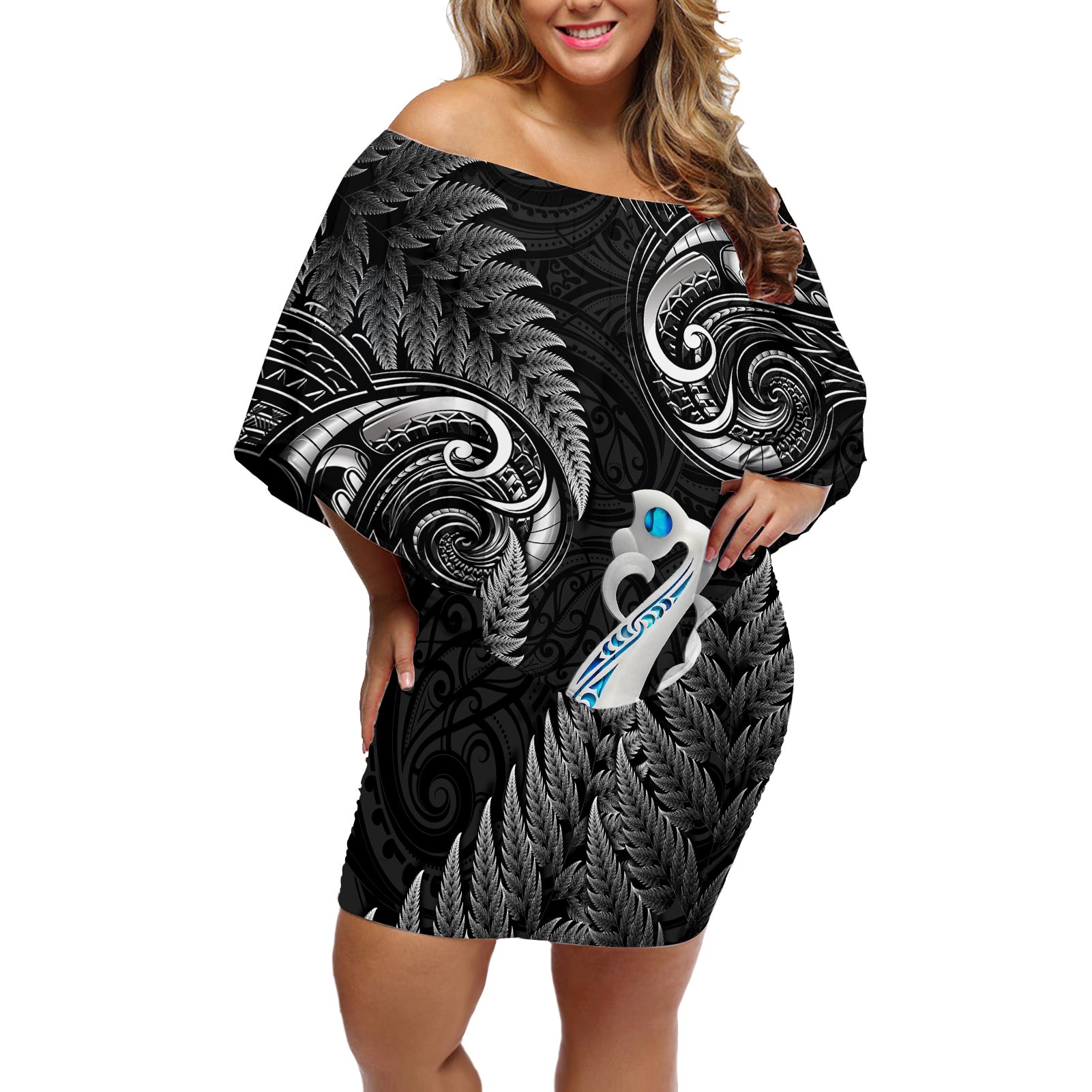 Personalised New Zealand Off Shoulder Short Dress Aotearoa Silver Fern With Manaia Maori Unique Black LT14 Women Black - Polynesian Pride