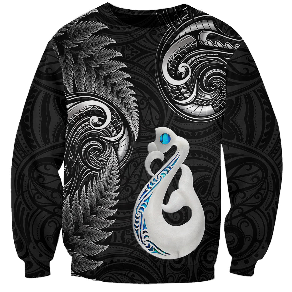 Personalised New Zealand Sweatshirt Aotearoa Silver Fern With Manaia Maori Unique Black LT14 Unisex Black - Polynesian Pride