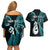 Personalised New Zealand Couples Off The Shoulder Long Sleeve Dress and Hawaiian Shirt Aotearoa Silver Fern With Manaia Maori Unique Turquoise LT14 - Polynesian Pride