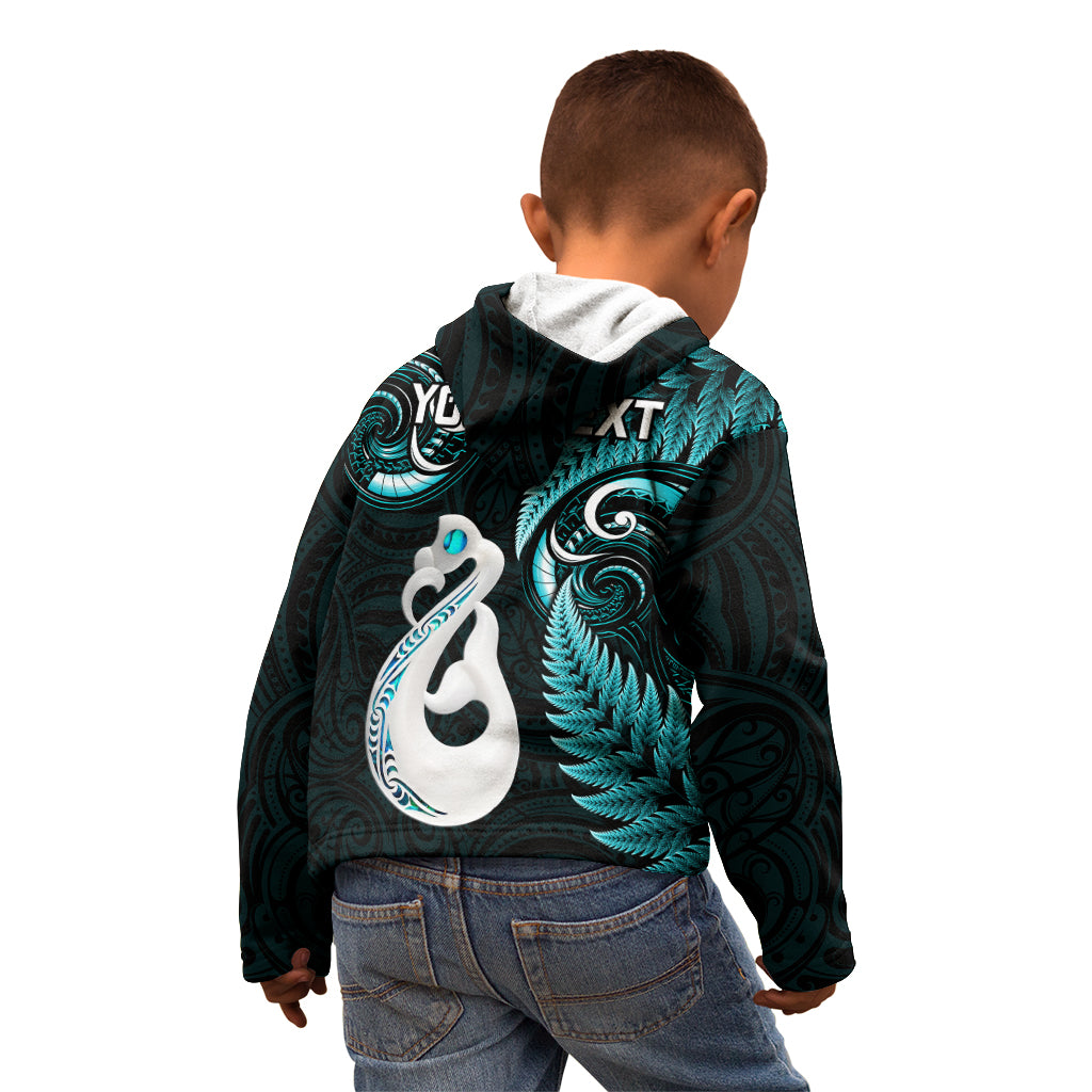 Personalised New Zealand Kid Hoodie Aotearoa Silver Fern With Manaia Maori Unique Turquoise LT14 - Polynesian Pride