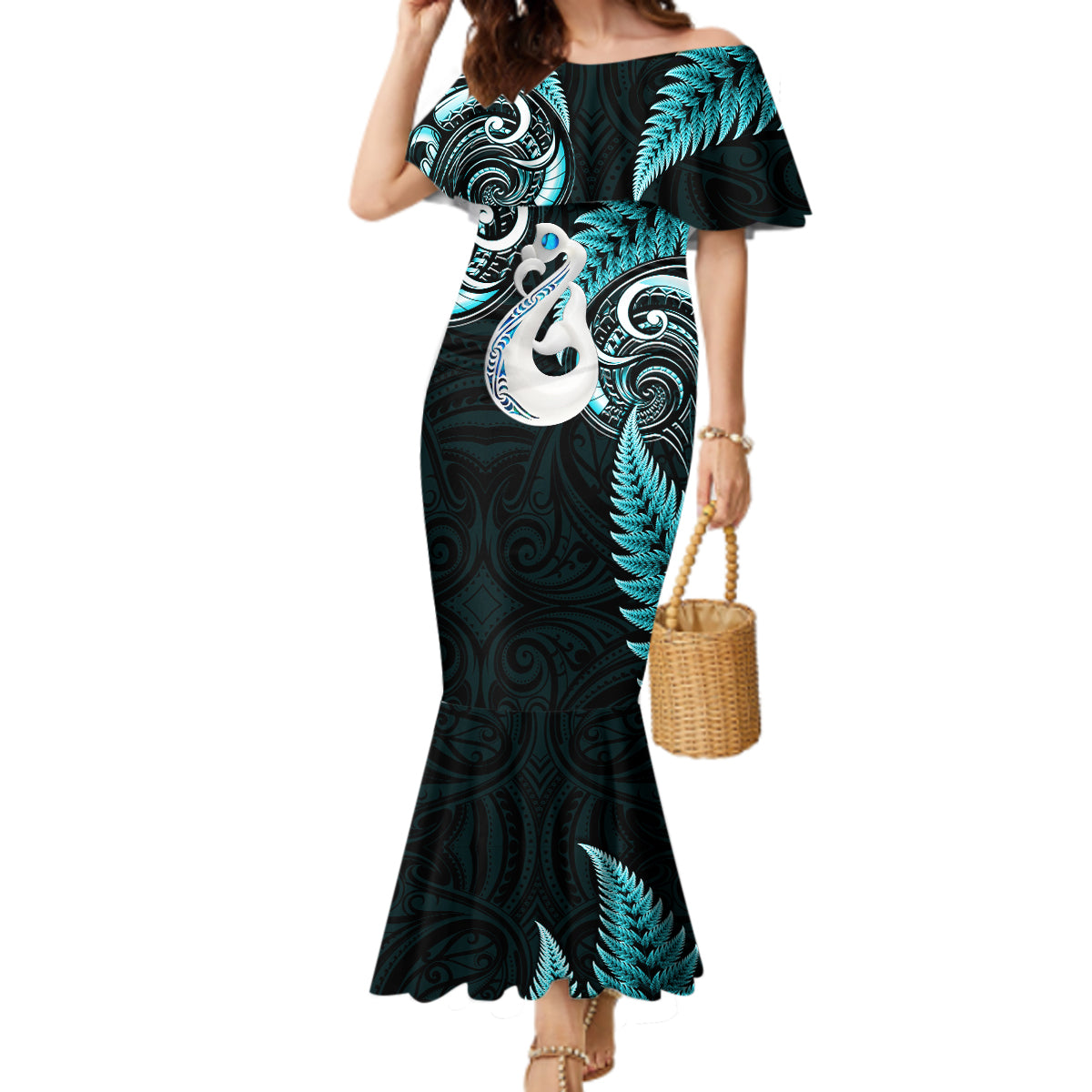 Personalised New Zealand Mermaid Dress Aotearoa Silver Fern With Manaia Maori Unique Turquoise LT14 Women Turquoise - Polynesian Pride