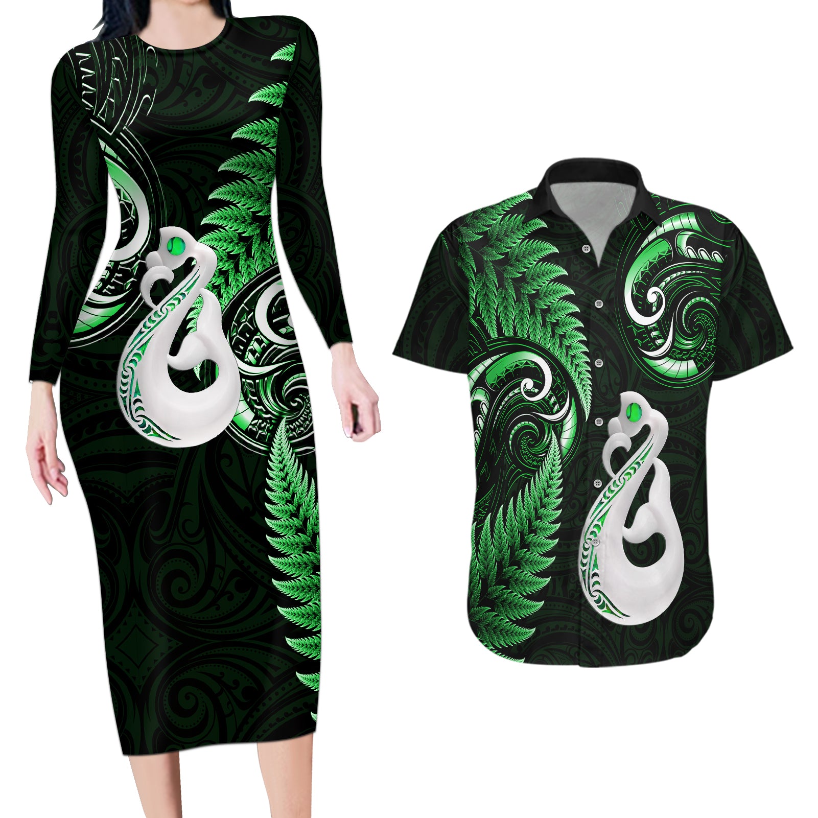 Personalised New Zealand Couples Long Sleeve Bodycon Dress and Hawaiian Shirt Aotearoa Silver Fern With Manaia Maori Unique Green LT14 Green - Polynesian Pride