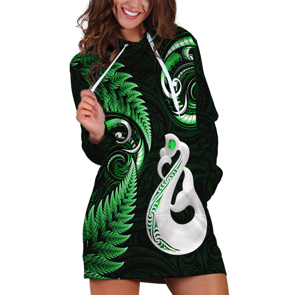 Personalised New Zealand Hoodie Dress Aotearoa Silver Fern With Manaia Maori Unique Green LT14 Green - Polynesian Pride