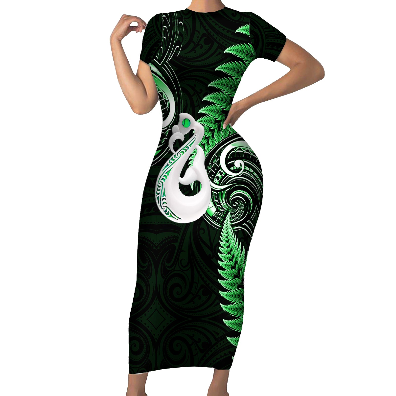 Personalised New Zealand Short Sleeve Bodycon Dress Aotearoa Silver Fern With Manaia Maori Unique Green LT14 Long Dress Green - Polynesian Pride