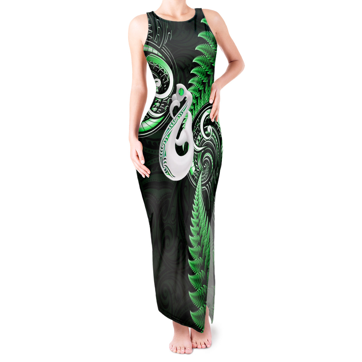 Personalised New Zealand Tank Maxi Dress Aotearoa Silver Fern With Manaia Maori Unique Green LT14 Women Green - Polynesian Pride