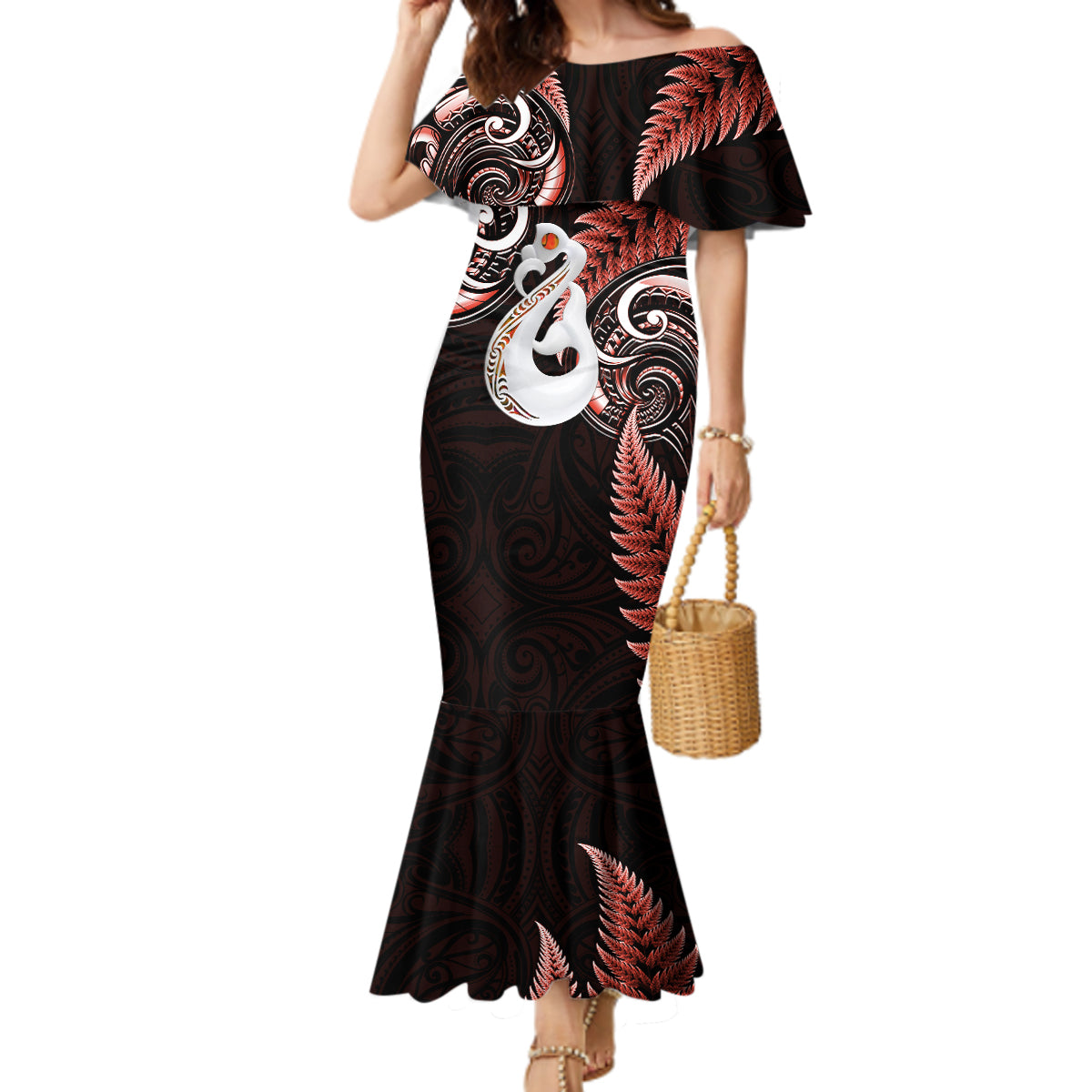 Personalised New Zealand Mermaid Dress Aotearoa Silver Fern With Manaia Maori Unique Red LT14 Women Red - Polynesian Pride