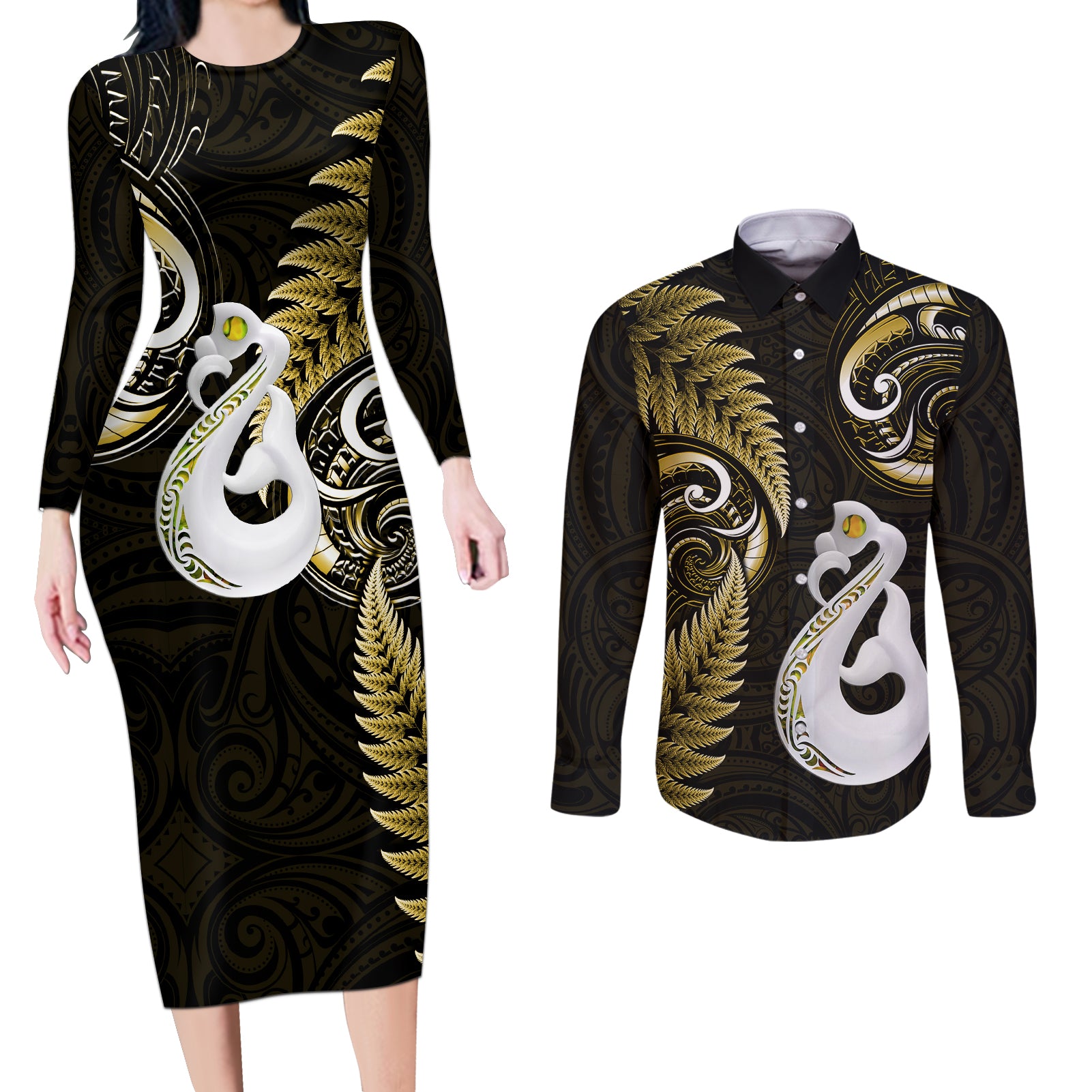 Personalised New Zealand Couples Long Sleeve Bodycon Dress and Long Sleeve Button Shirts Aotearoa Silver Fern With Manaia Maori Unique Gold LT14 Gold - Polynesian Pride