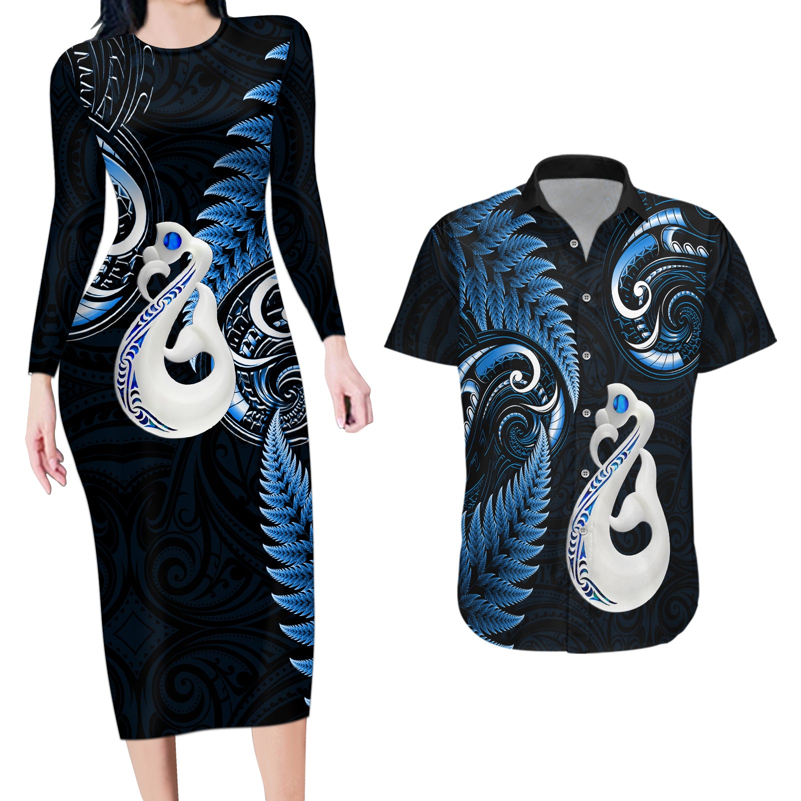 Personalised New Zealand Couples Long Sleeve Bodycon Dress and Hawaiian Shirt Aotearoa Silver Fern With Manaia Maori Unique Blue LT14 Blue - Polynesian Pride