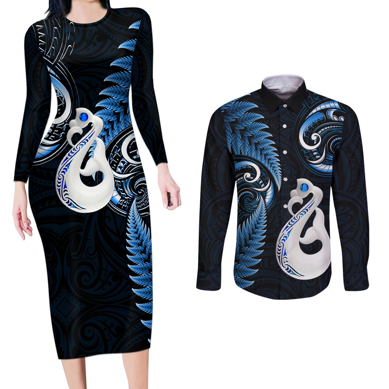 Personalised New Zealand Couples Long Sleeve Bodycon Dress and Long Sleeve Button Shirts Aotearoa Silver Fern With Manaia Maori Unique Blue LT14 Blue - Polynesian Pride