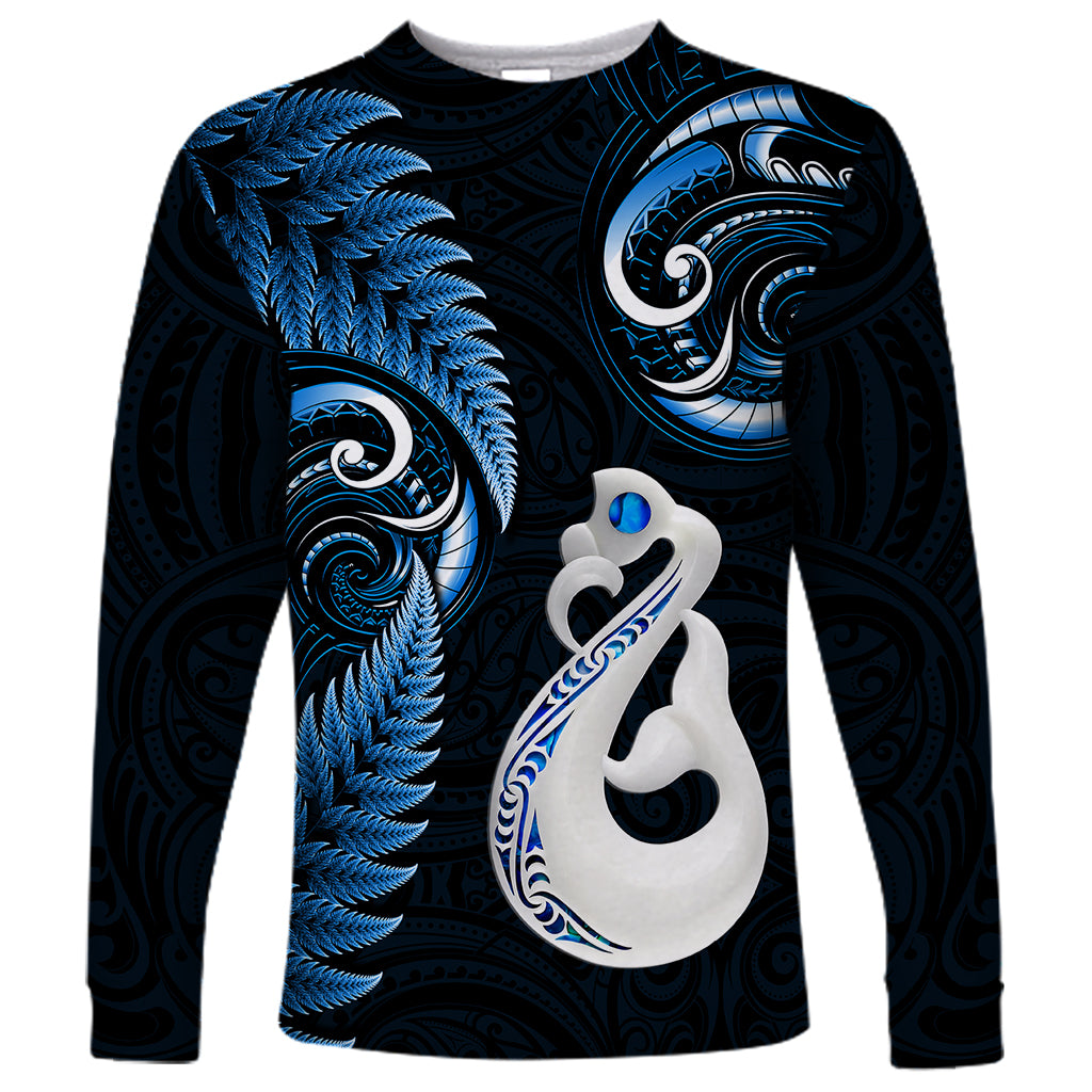 Personalised New Zealand Long Sleeve Shirt Aotearoa Silver Fern With Manaia Maori Unique Blue LT14 Unisex Blue - Polynesian Pride