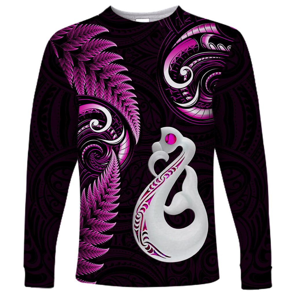 Personalised New Zealand Long Sleeve Shirt Aotearoa Silver Fern With Manaia Maori Unique Pink LT14 Unisex Pink - Polynesian Pride