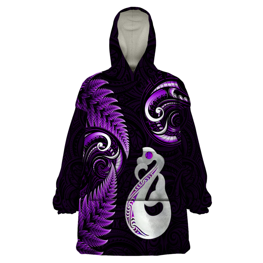 Personalised New Zealand Wearable Blanket Hoodie Aotearoa Silver Fern With Manaia Maori Unique Purple LT14 One Size Purple - Polynesian Pride