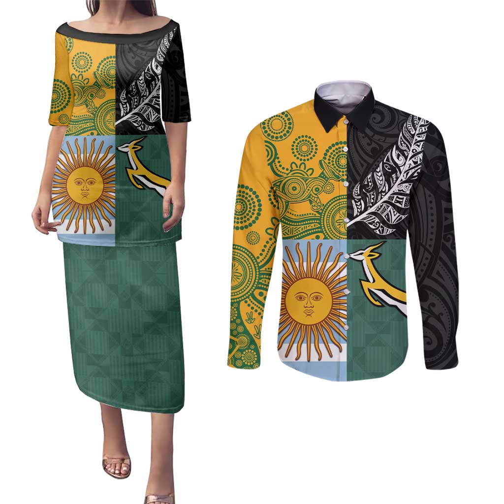 Personalised Rugby 2025 Championship Couples Matching Puletasi and Long Sleeve Button Shirt Combination of Southern Hemisphere Countries - Polynesian Pride