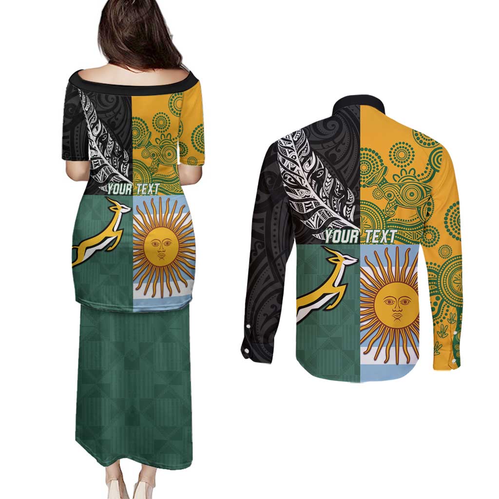 Personalised Rugby 2025 Championship Couples Matching Puletasi and Long Sleeve Button Shirt Combination of Southern Hemisphere Countries - Polynesian Pride