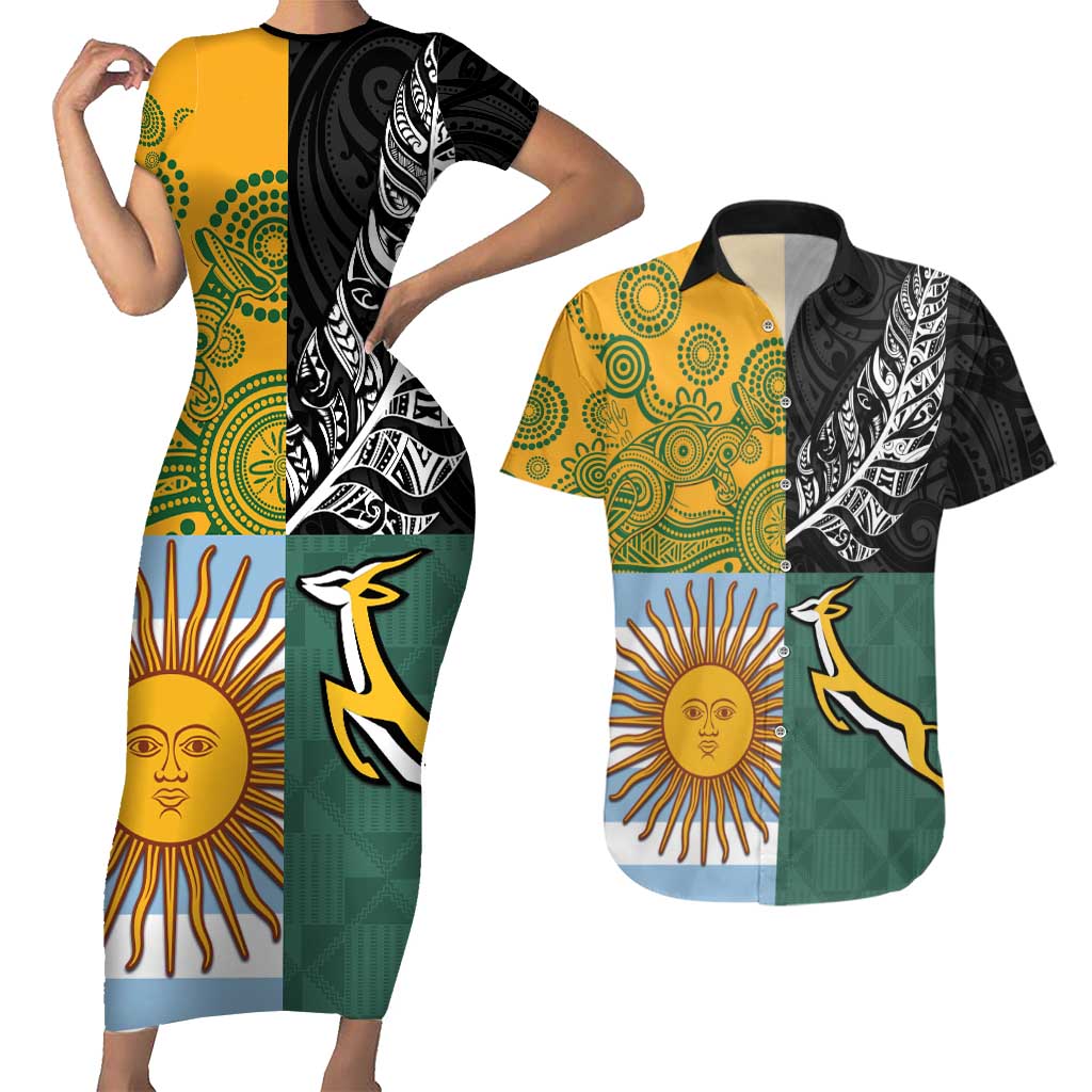Personalised Rugby 2025 Championship Couples Matching Short Sleeve Bodycon Dress and Hawaiian Shirt Combination of Southern Hemisphere Countries - Polynesian Pride