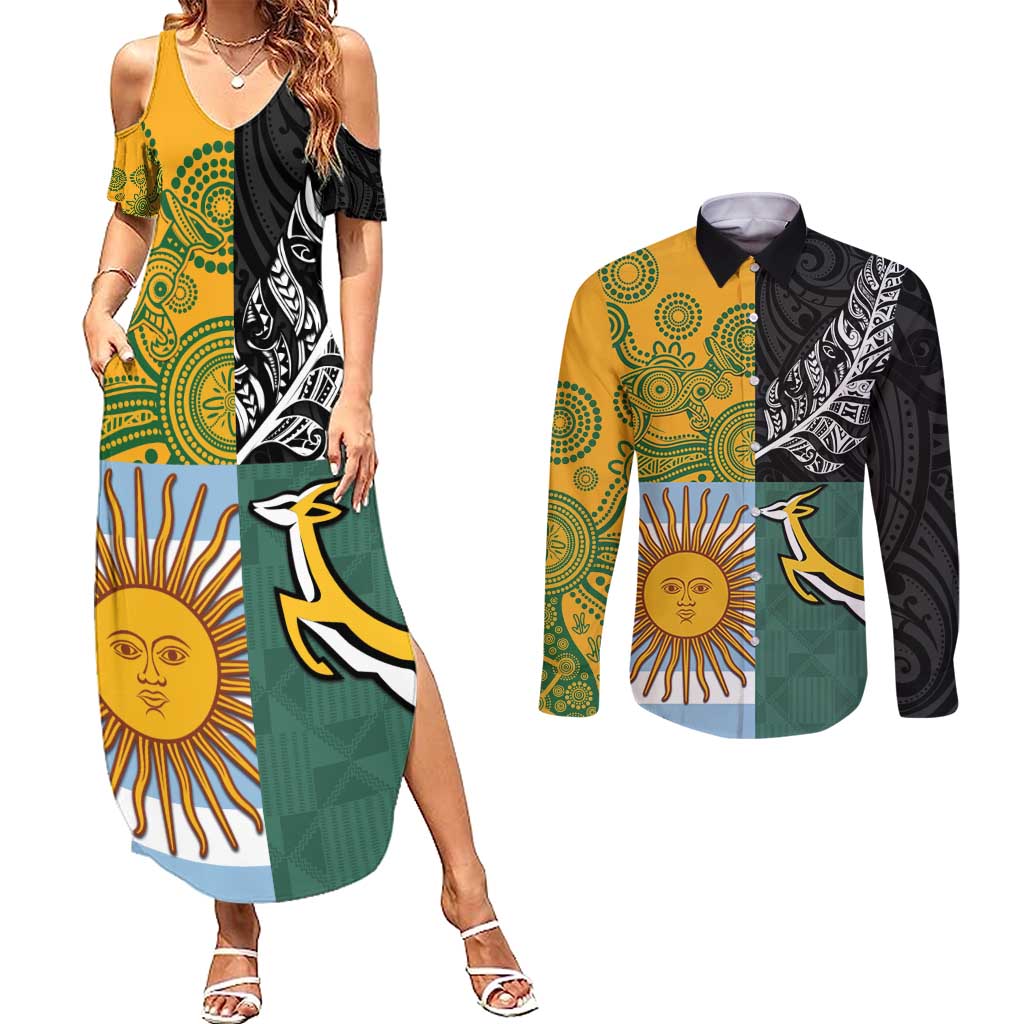 Personalised Rugby 2025 Championship Couples Matching Summer Maxi Dress and Long Sleeve Button Shirt Combination of Southern Hemisphere Countries - Polynesian Pride