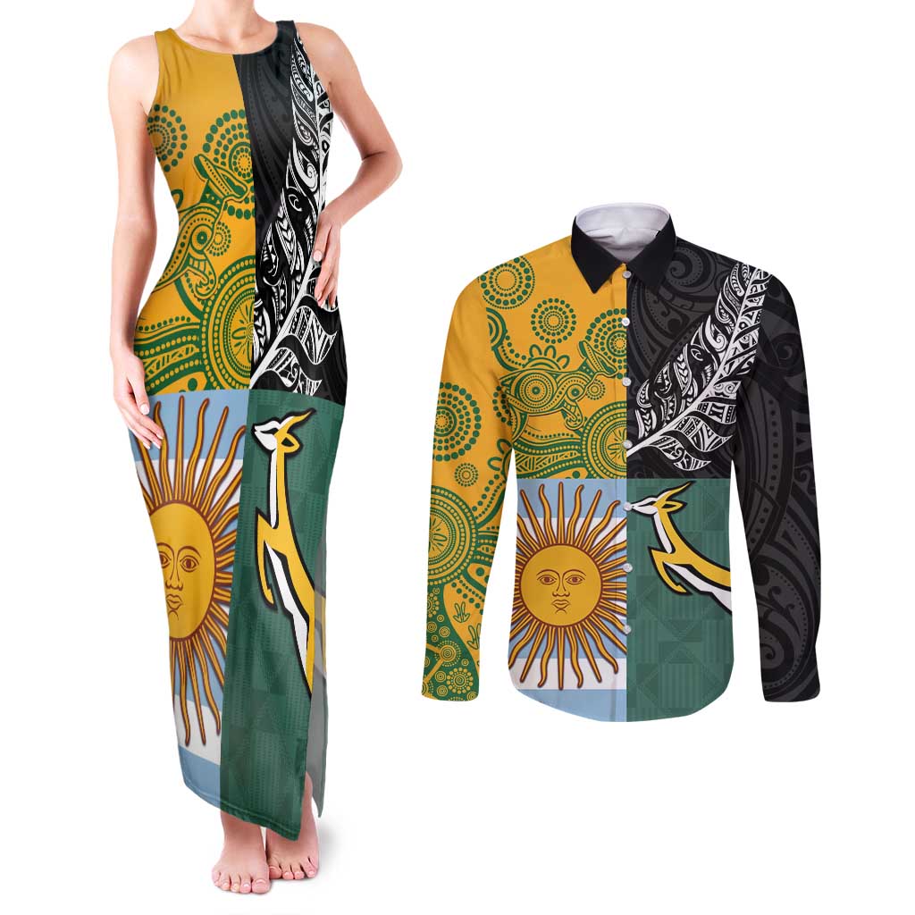 Personalised Rugby 2025 Championship Couples Matching Tank Maxi Dress and Long Sleeve Button Shirt Combination of Southern Hemisphere Countries - Polynesian Pride