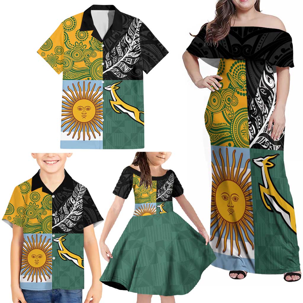 Personalised Rugby 2025 Championship Family Matching Off Shoulder Maxi Dress and Hawaiian Shirt Combination of Southern Hemisphere Countries - Polynesian Pride