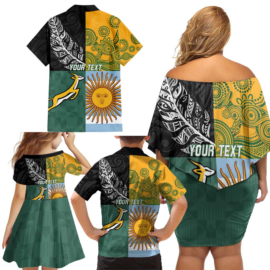 Personalised Rugby 2025 Championship Family Matching Off Shoulder Short Dress and Hawaiian Shirt Combination of Southern Hemisphere Countries - Polynesian Pride