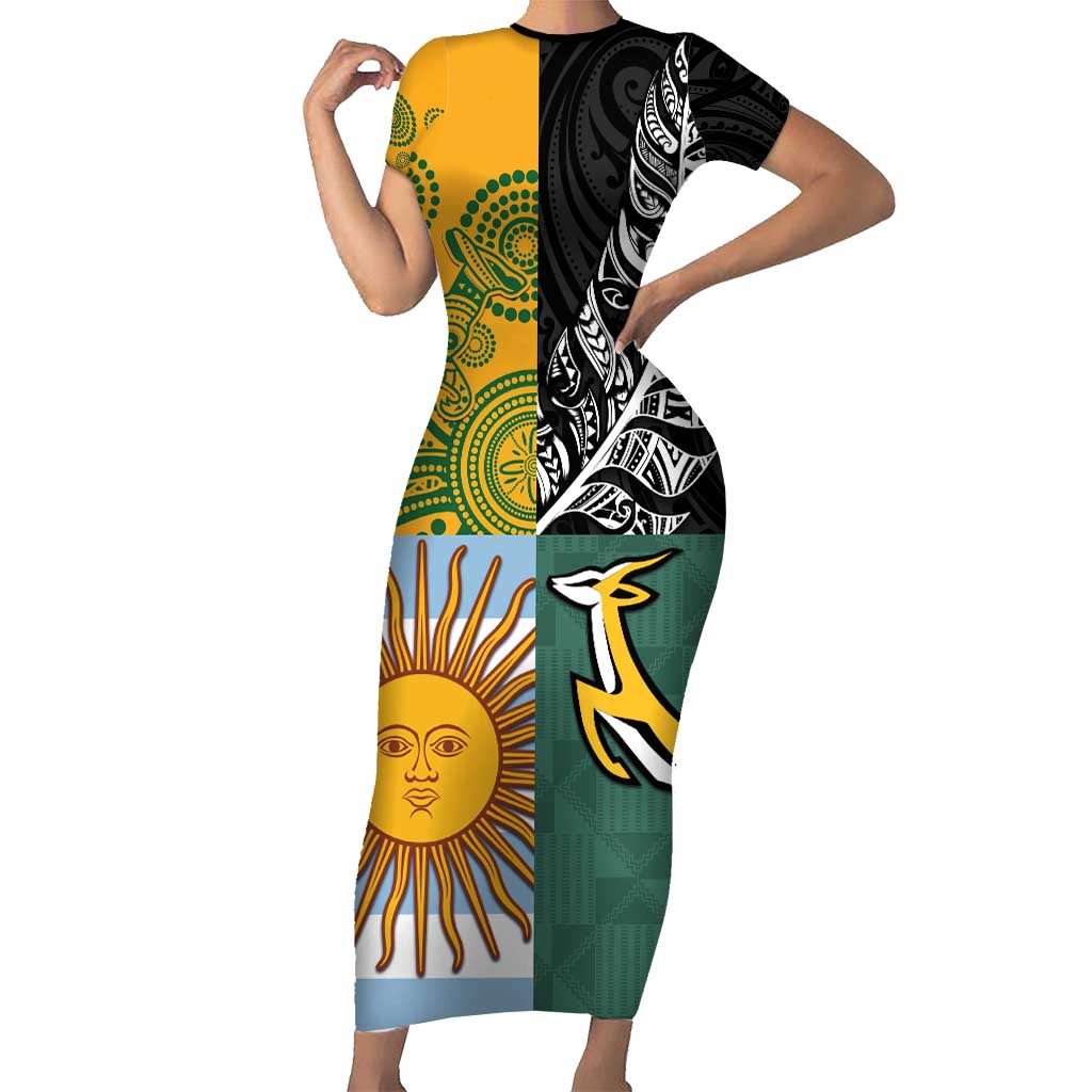 Personalised Rugby 2025 Championship Family Matching Short Sleeve Bodycon Dress and Hawaiian Shirt Combination of Southern Hemisphere Countries - Polynesian Pride