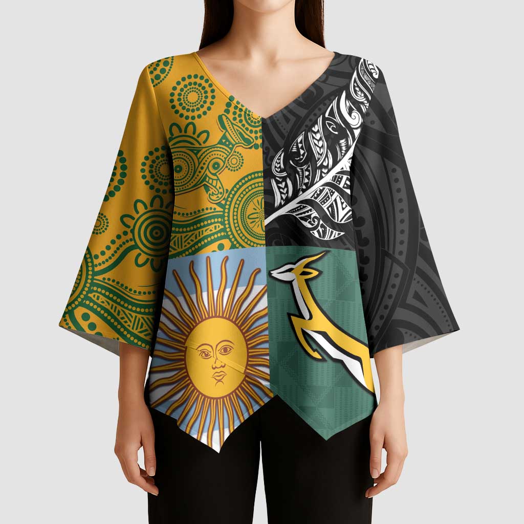 Personalised Rugby 2025 Championship Kimono Sleeve Blouse Combination of Southern Hemisphere Countries - Polynesian Pride