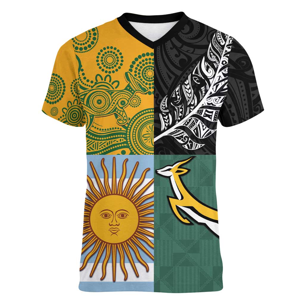 Personalised Rugby 2025 Championship Women V-Neck T-Shirt Combination of Southern Hemisphere Countries - Polynesian Pride
