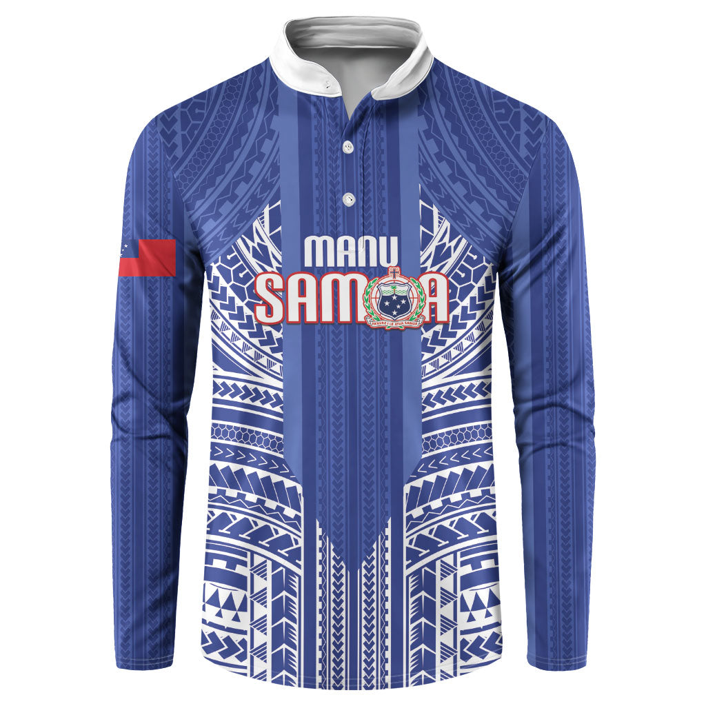 Custom Manu Samoa Rugby 2026 Button Sweatshirt Samoan Pattern LT14 Blue - Polynesian Pride