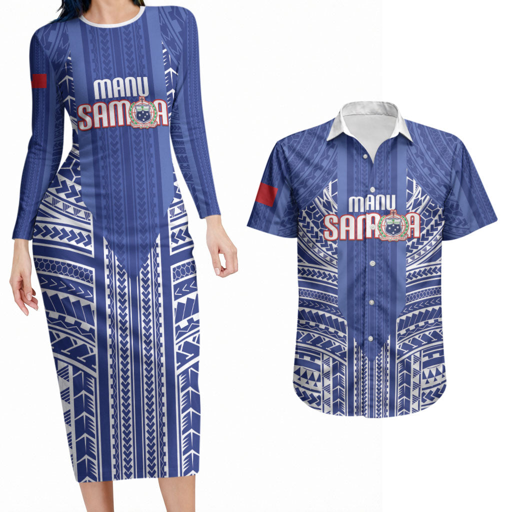 Custom Manu Samoa Rugby 2026 Couples Matching Long Sleeve Bodycon Dress and Hawaiian Shirt Samoan Pattern LT14 Blue - Polynesian Pride