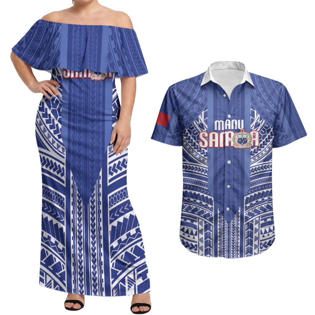 Custom Manu Samoa Rugby 2026 Couples Matching Off Shoulder Maxi Dress and Hawaiian Shirt Samoan Pattern LT14 Blue - Polynesian Pride