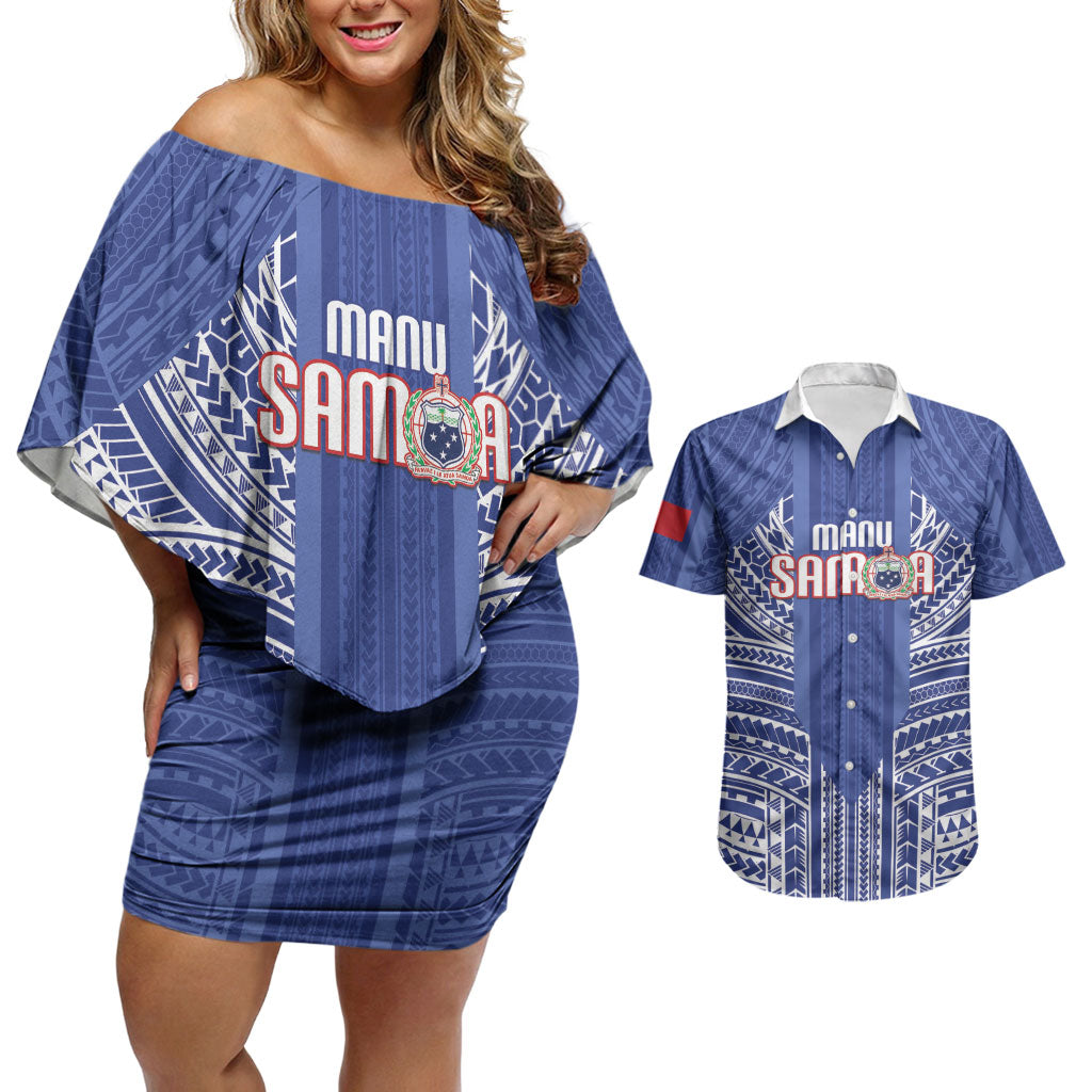 Custom Manu Samoa Rugby 2026 Couples Matching Off Shoulder Short Dress and Hawaiian Shirt Samoan Pattern LT14 Blue - Polynesian Pride