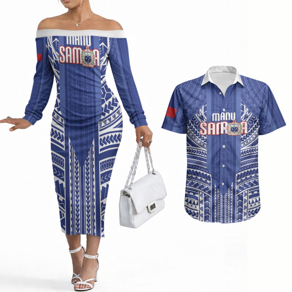 Custom Manu Samoa Rugby 2026 Couples Matching Off The Shoulder Long Sleeve Dress and Hawaiian Shirt Samoan Pattern LT14 Blue - Polynesian Pride