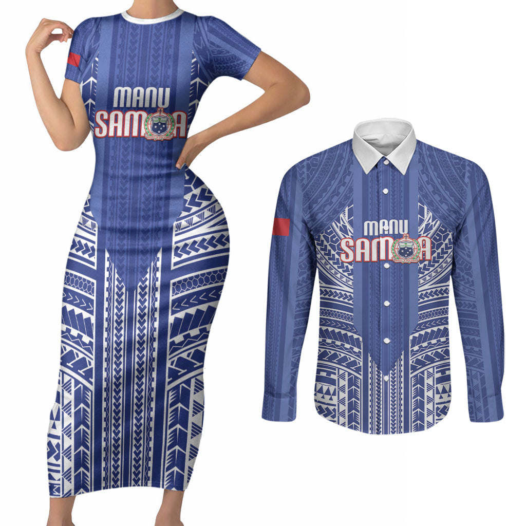 Custom Manu Samoa Rugby 2026 Couples Matching Short Sleeve Bodycon Dress and Long Sleeve Button Shirt Samoan Pattern LT14 Blue - Polynesian Pride