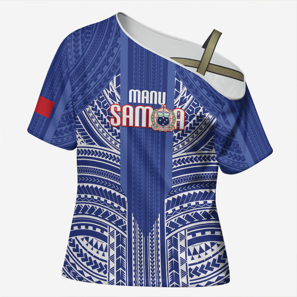 Custom Manu Samoa Rugby 2026 Cross Shoulder Shirt Samoan Pattern LT14 Female Blue - Polynesian Pride