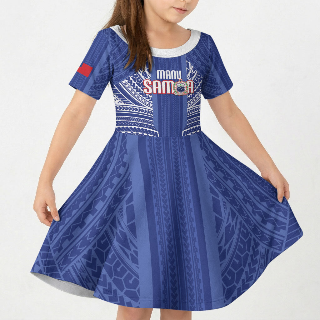 Custom Manu Samoa Rugby 2026 Kid Short Sleeve Dress Samoan Pattern LT14 KID Blue - Polynesian Pride