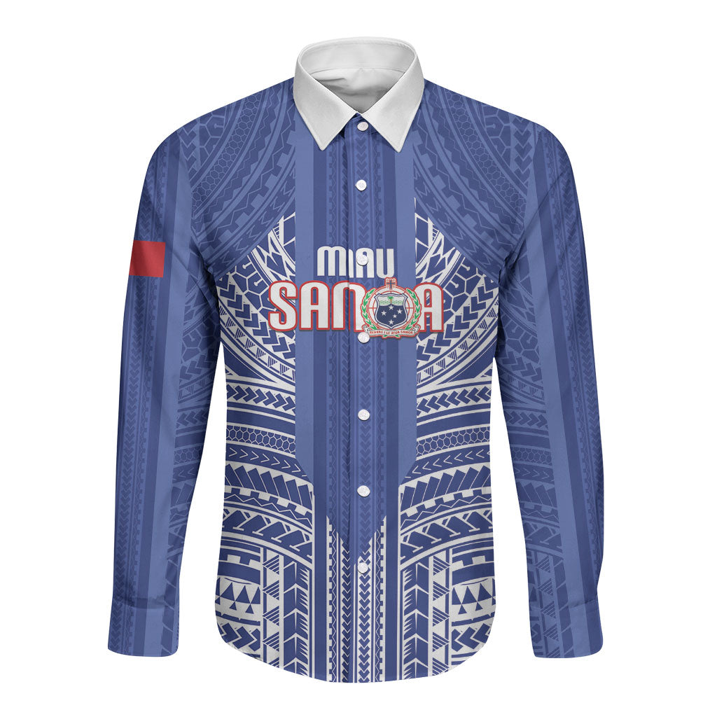 Custom Manu Samoa Rugby 2026 Long Sleeve Button Shirt Samoan Pattern LT14 Unisex Blue - Polynesian Pride