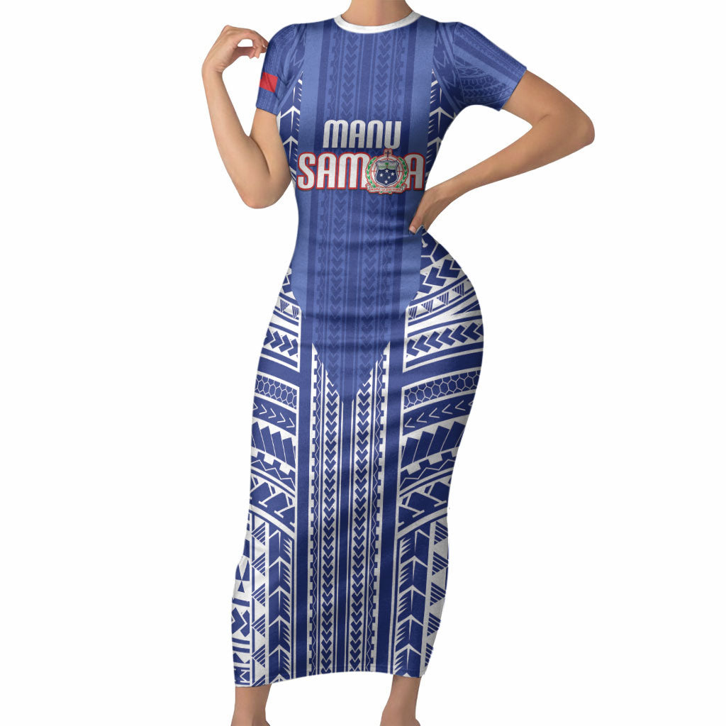 Custom Manu Samoa Rugby 2026 Short Sleeve Bodycon Dress Samoan Pattern LT14 Long Dress Blue - Polynesian Pride