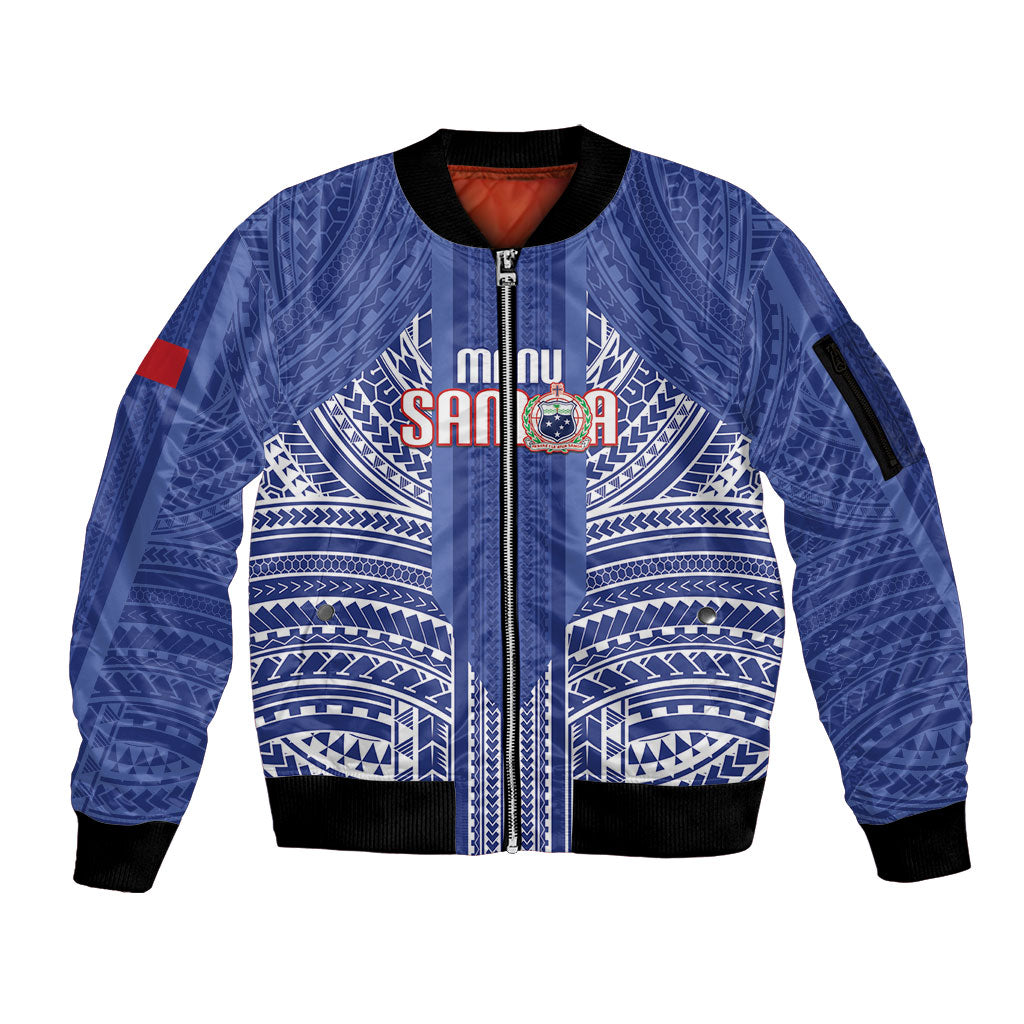 Custom Manu Samoa Rugby 2026 Sleeve Zip Bomber Jacket Samoan Pattern LT14 Unisex Blue - Polynesian Pride