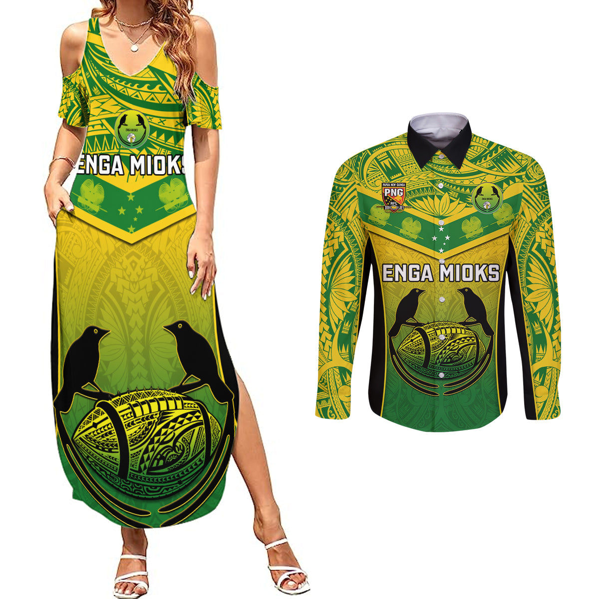 Papua New Guinea Rugby Couples Matching Summer Maxi Dress and Long Sleeve Button Shirts Enga Mioks PNG Polynesian Pattern LT14 Green - Polynesian Pride
