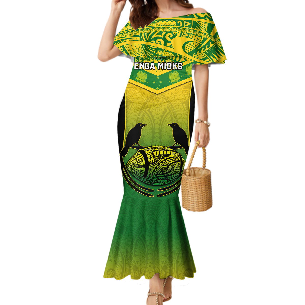 Papua New Guinea Rugby Mermaid Dress Enga Mioks PNG Polynesian Pattern LT14 Women Green - Polynesian Pride