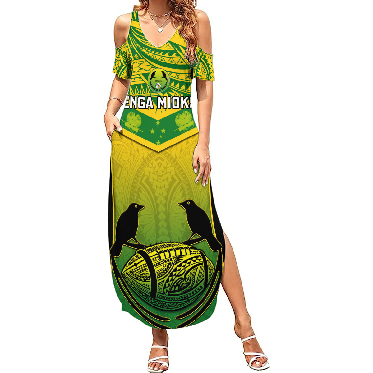 Papua New Guinea Rugby Summer Maxi Dress Enga Mioks PNG Polynesian Pattern LT14 Women Green - Polynesian Pride