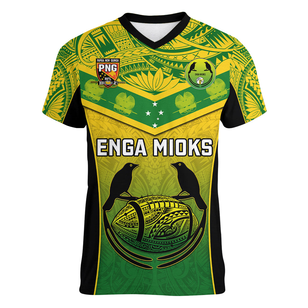 Papua New Guinea Rugby Women V Neck T Shirt Enga Mioks PNG Polynesian Pattern LT14 Female Green - Polynesian Pride