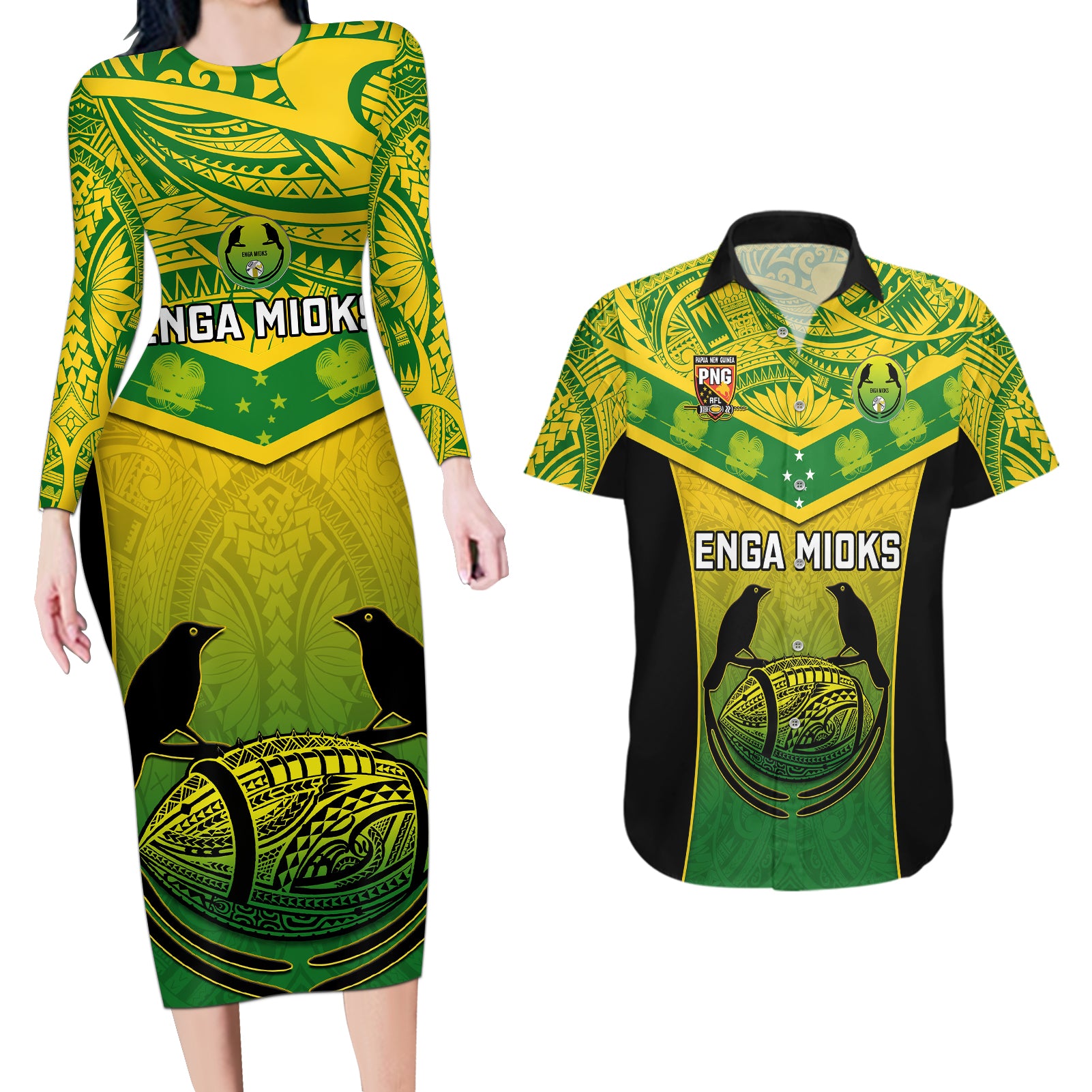 Custom Papua New Guinea Rugby Couples Matching Long Sleeve Bodycon Dress and Hawaiian Shirt Enga Mioks PNG Polynesian Pattern LT14 Green - Polynesian Pride