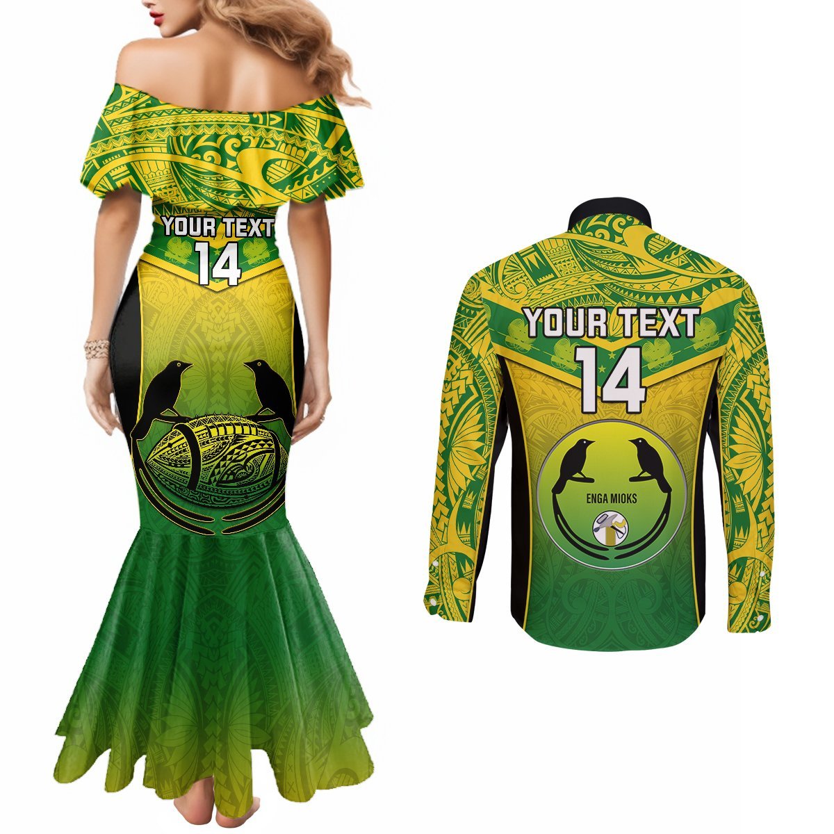 Custom Papua New Guinea Rugby Couples Matching Mermaid Dress and Long Sleeve Button Shirts Enga Mioks PNG Polynesian Pattern LT14 - Polynesian Pride