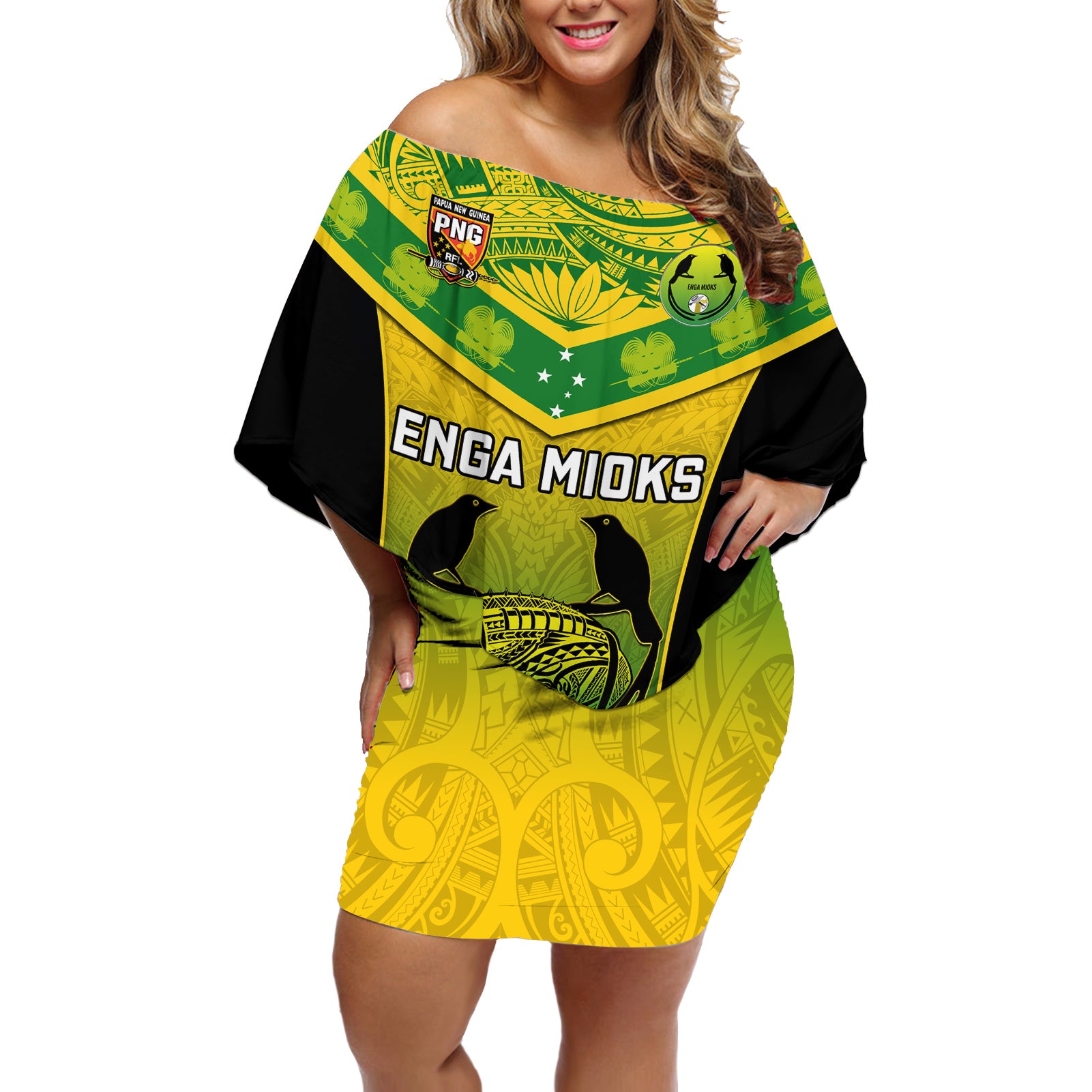 Custom Papua New Guinea Rugby Off Shoulder Short Dress Enga Mioks PNG Polynesian Pattern LT14 Women Green - Polynesian Pride