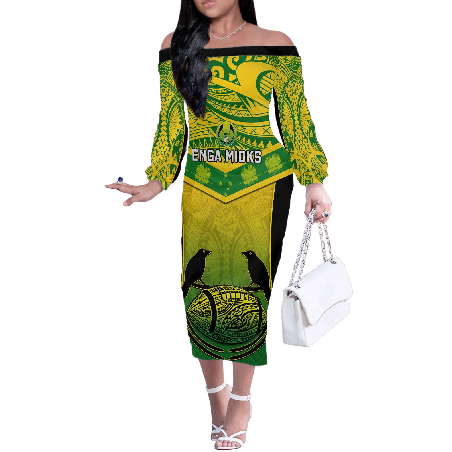 Custom Papua New Guinea Rugby Off The Shoulder Long Sleeve Dress Enga Mioks PNG Polynesian Pattern LT14 Women Green - Polynesian Pride